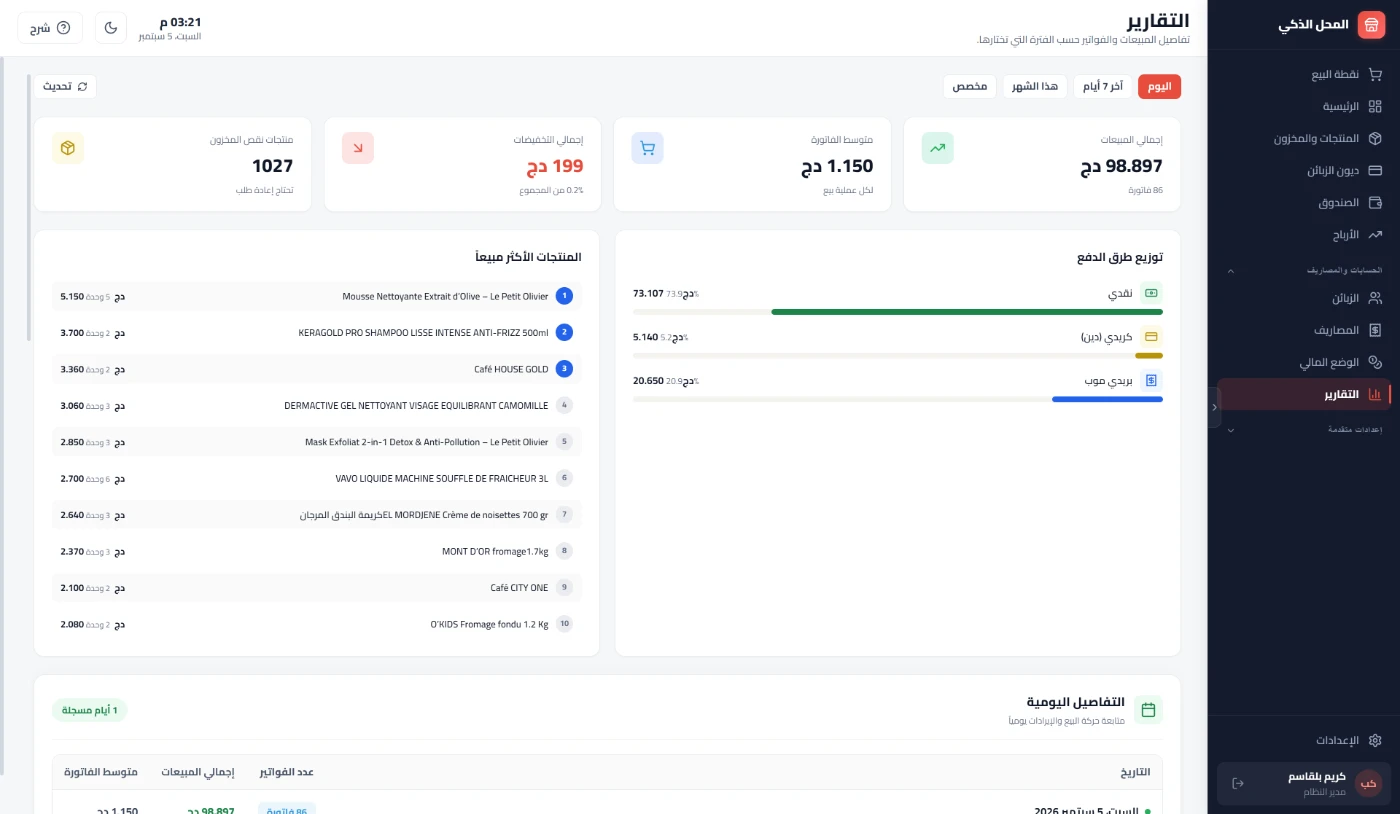 التقارير: إجمالي المبيعات ومتوسط الفاتورة وتوزيع طرق الدفع والتفاصيل اليومية