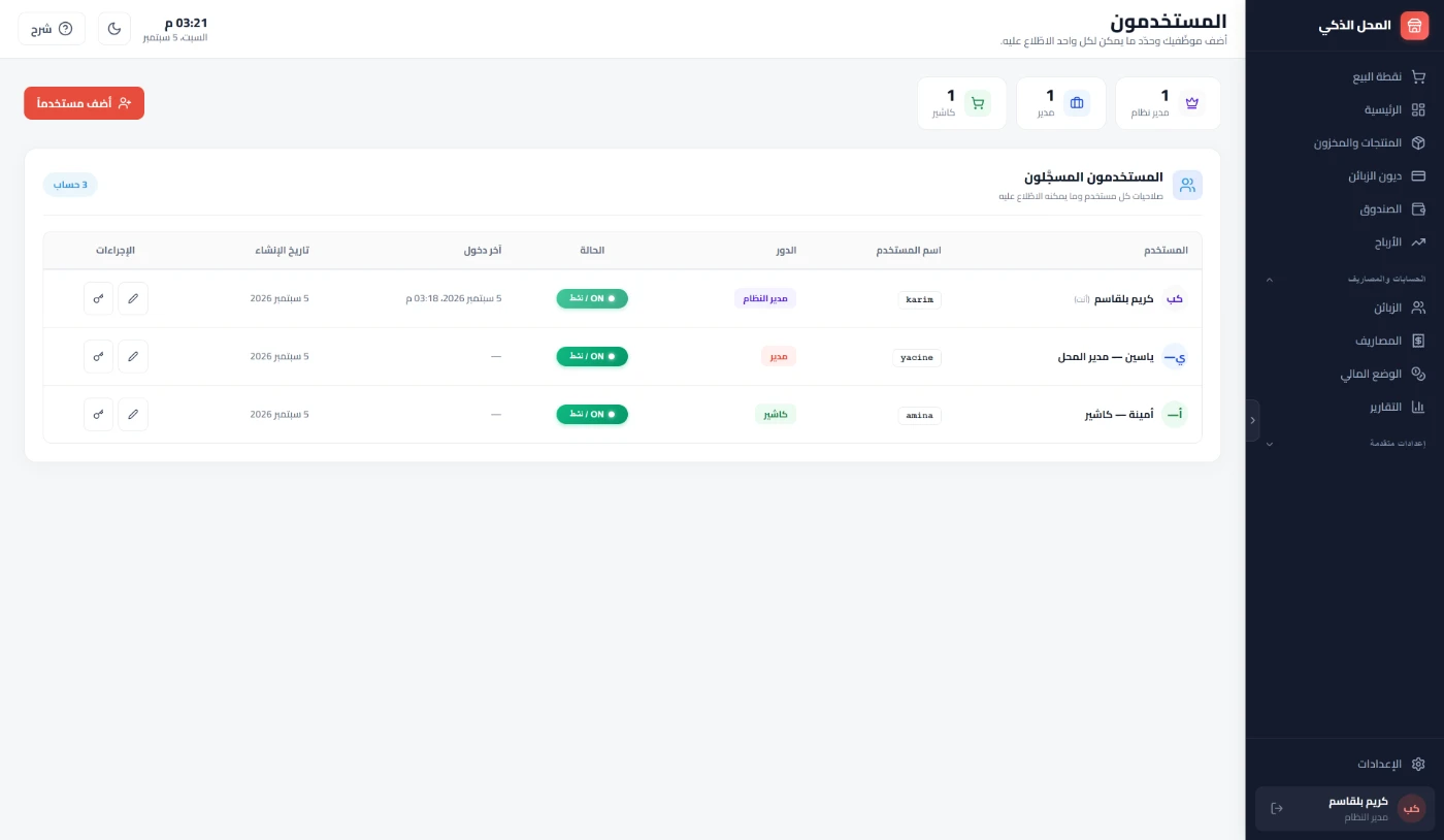 المستخدمون والأدوار: مدير النظام، مدير، كاشير